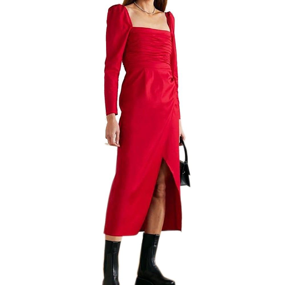 Reformation Isaac Midi Dress Size 0 Cherry Red Organic Cotton Ruched Puff Sleeve